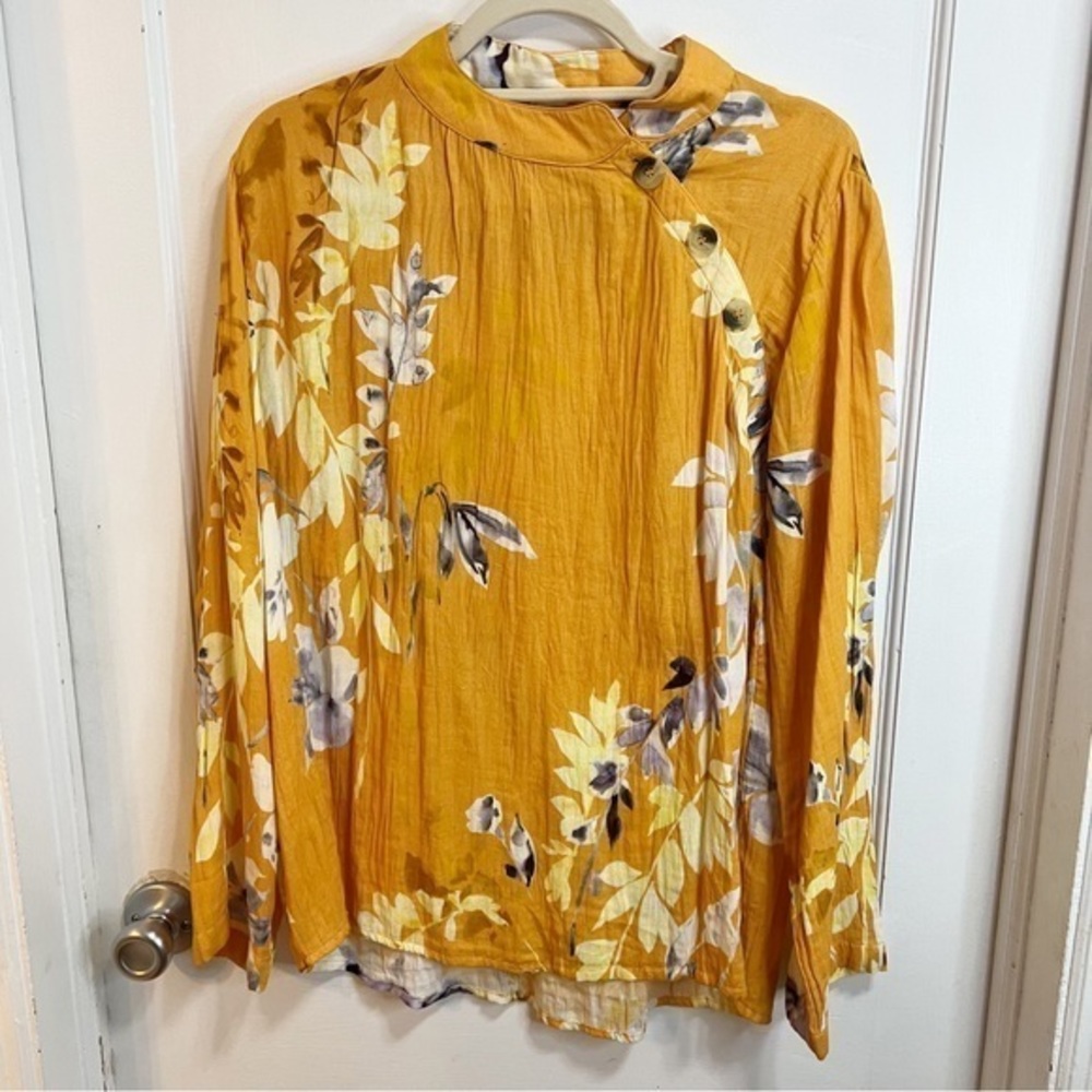 SOFT SURROUNDINGS Pauleena Mandarin Collar Floral Gauzy Cotton Tunic Top